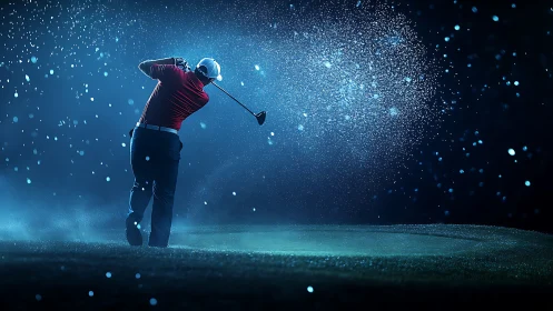 Midnight golfer carves a comet trail through frozen rain