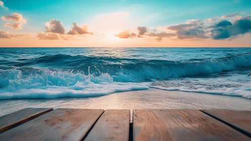 Photorealistic seascape with wave crest and timber foreground.