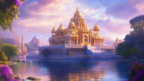 Riverside palace complex under diffuse sunset lighting.