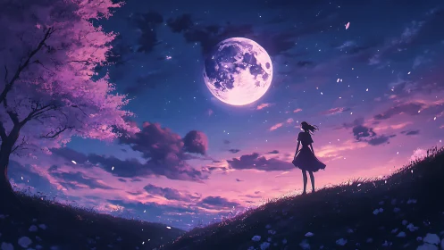 Moonlit hilltop dreams under a violet twilight sky.