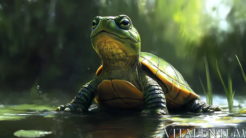 Young turtle sits at water edge in bright forest light