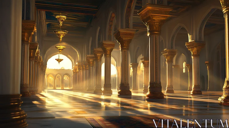 Sunlit golden palace hall where morning light wanders.