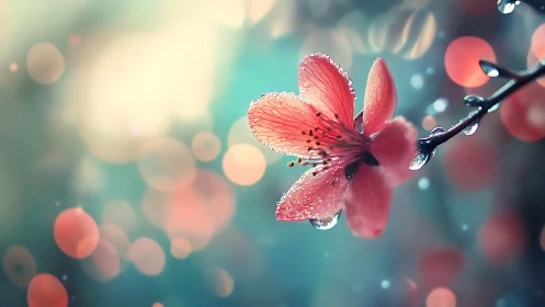 Coral flower petals caught in dewdrops with bokeh background