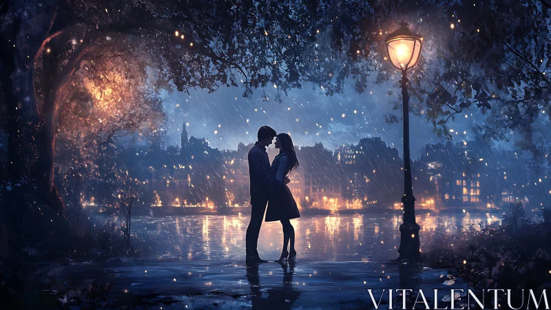 Urban Romance: Rainy Night Embrace Under Golden Lamplight.