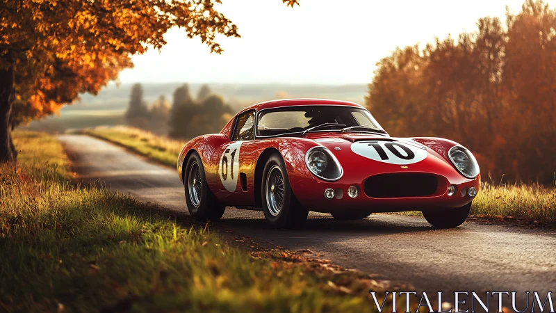 Vintage red racing coupe on rural autumn road at golden hour