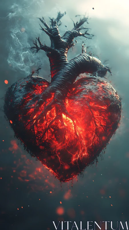 Heart with crystalline root structure burning intensely red
