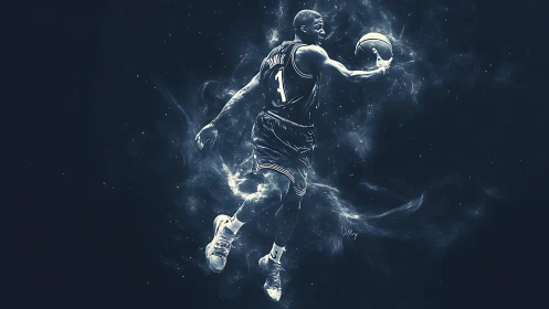 Basketball player in midair with ball and abstract trails.