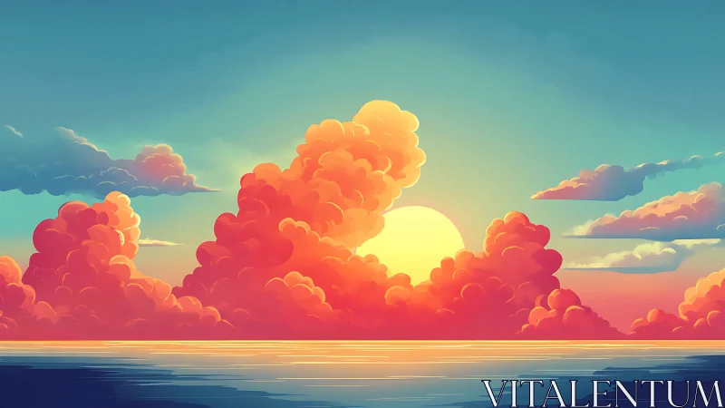 Sunset over ocean with stylized cumulus cloud formations