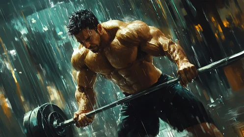 Muscular athlete lifts heavy barbell under driving rain