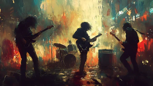 Expressive rock band performance in abstract urban stage lighting