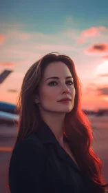 Cinematic sunset portrait of woman on airport tarmac, rim-lit