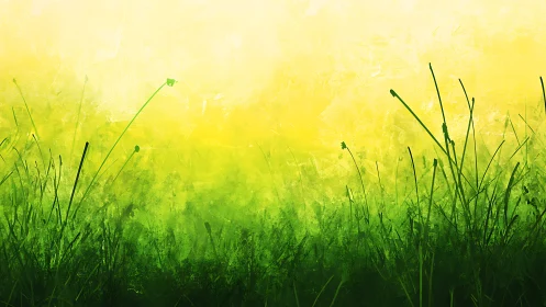 Sunlit green meadow edge glows under soft yellow sky