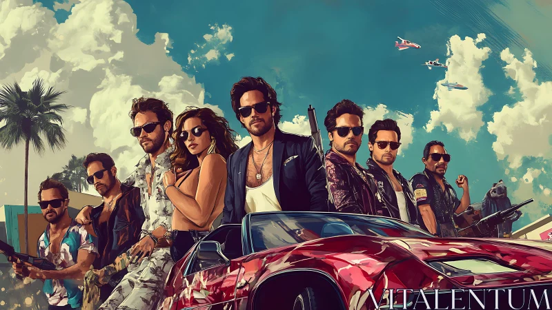 Neon-noir heist crew framed against stylized retro skyline