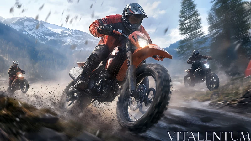 Off-road motorcycles on muddy forest trail in mountains.