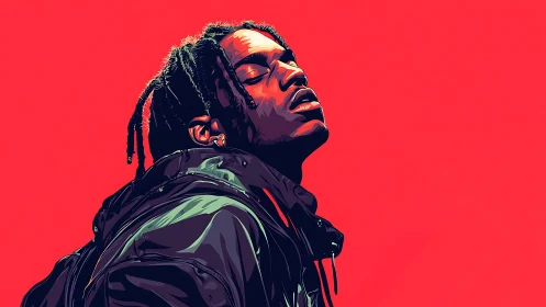 Stylized portrait of man in jacket against bold red field.