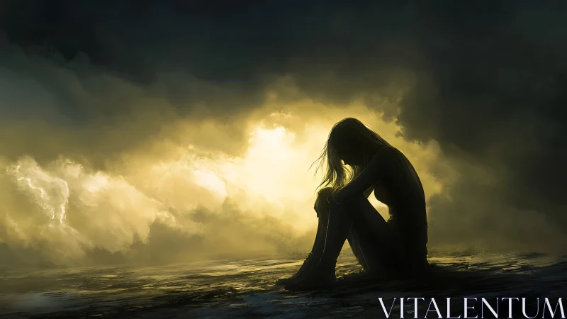 Silhouetted seated figure is positioned before dense backlight