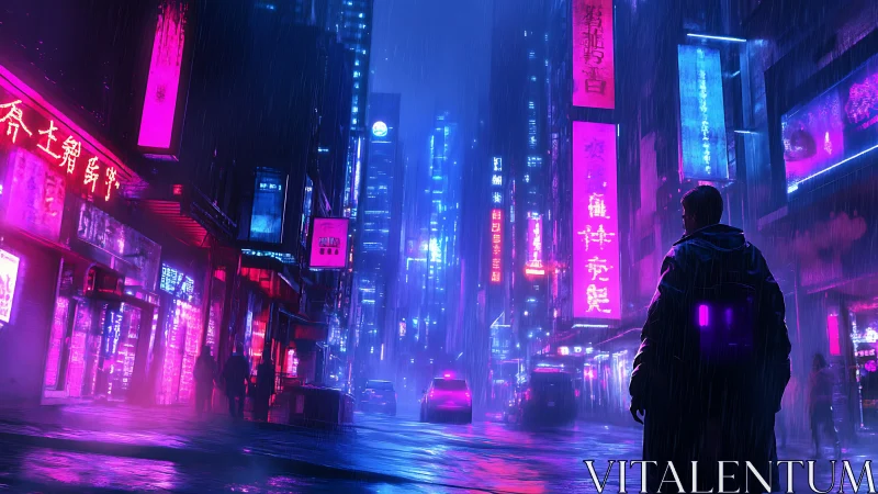 Neon-lit urban street scene depicts lone figure in rainfall