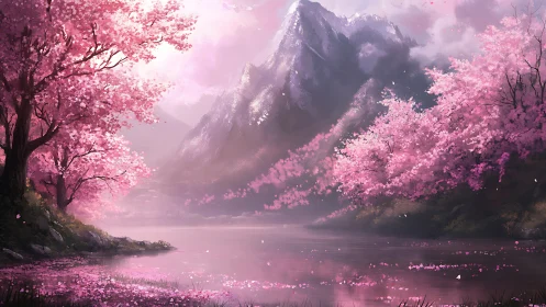 Soft pink spring lake under misty snowcapped peaks.
