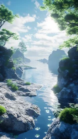 Coastal Canyon Estuary with Limestone Formations and Deciduous Canopy.