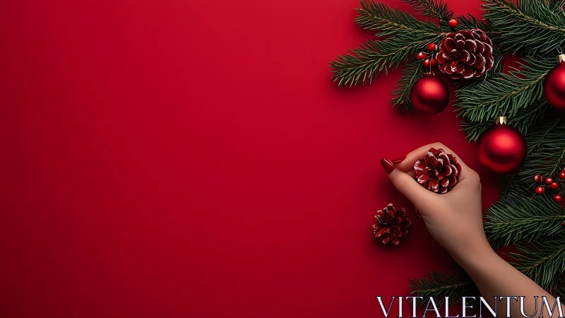Hand arranging pinecones on red Christmas ornament garland
