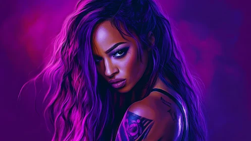 Purple lit cyberpunk woman with long hair and tattoo.