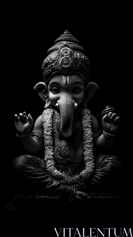 Black and white Ganesha idol with ornate crown in darkness.