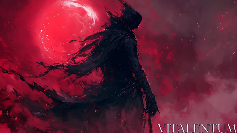 Hooded warrior silhouette against swirling blood moon.