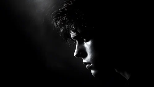 Moody side profile portrait cuts through deep shadowed black