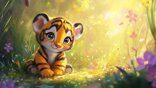 Cartoon tiger cub in bright meadow with soft sunlight.