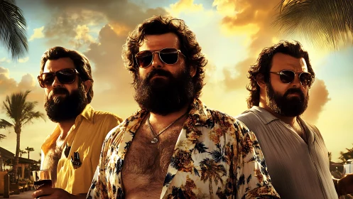 Bearded men in tropical shirts under sunset sky outdoors.