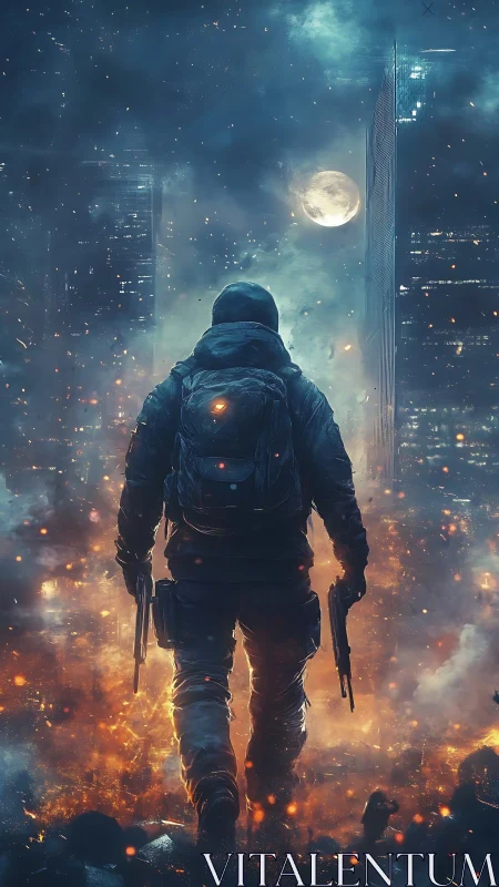 Lone dusk wanderer storms a neon-ash ruined skyline.