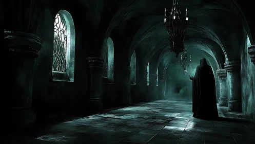 Cloaked figure in dim stone corridor with arched columns.