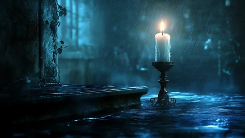 Tall candle on metal stand burns in rain soaked courtyard