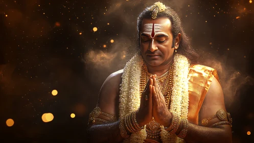 Hindu priest stands praying with folded hands in warm light