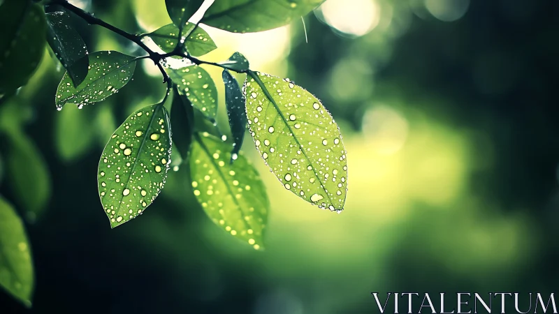 Raindrop constellations on sunlit emerald leaves at dawn.