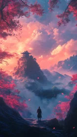 Solitary figure approaches misty shrine beneath radiant clouds