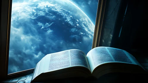 Open book is positioned before a large window facing Earth