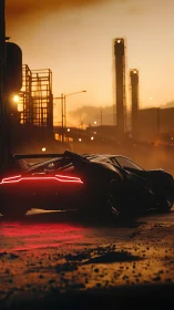 Neon predator idling beneath smokestack sunset haze.