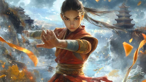 Martial artist holds combat stance before misty pagodas