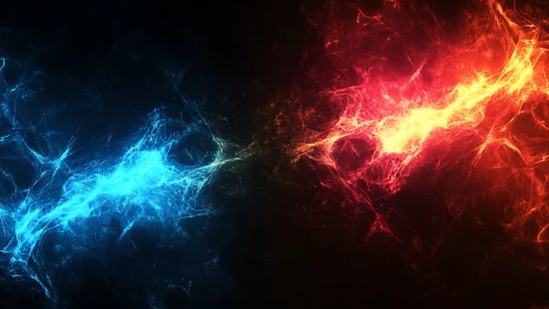 Bicolor energy streams collide in luminous abstract field.