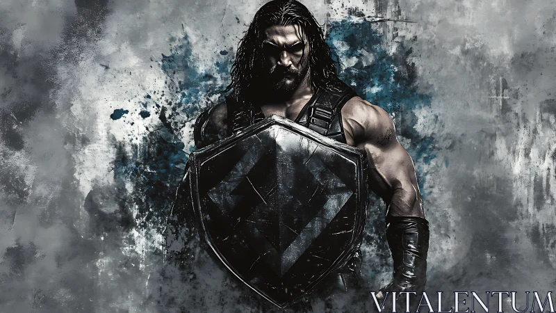 Armored warrior holding shield in grungy abstract scene.