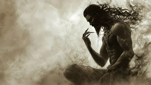 Monochrome digital painting of meditative warrior in smoke.