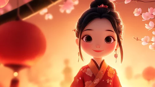 Lantern-lit sunset smile with blossoms and gentle warmth.