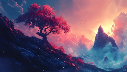 Crimson tree over misty valley beneath radiant peak.