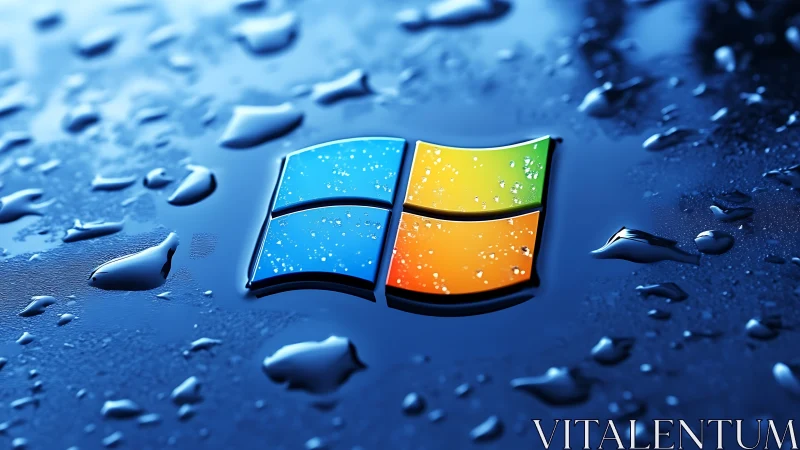 Windows logo rendered on wet reflective blue surface.