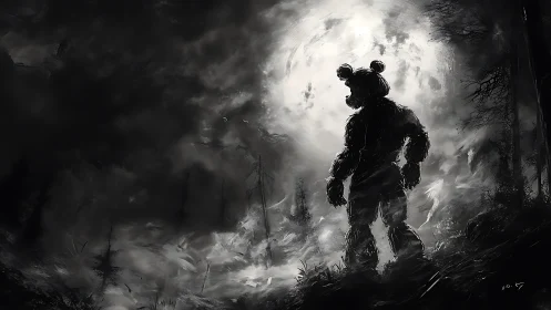 Moonlit bear creature pauses in a misty, haunted forest