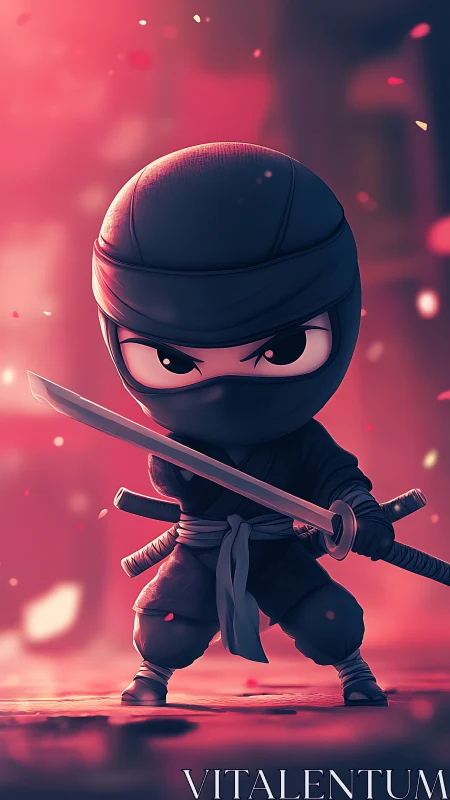Chibi ninja character holding katana in pink dusk light.