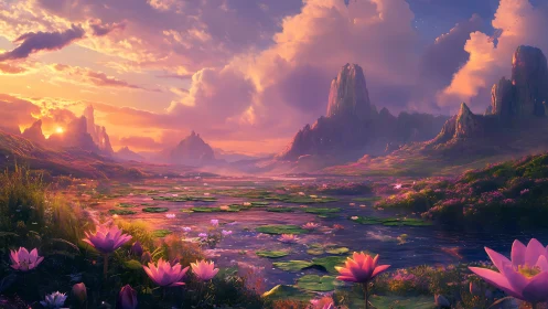 Sunset lilies and misty mountains in a dreamlit valley.