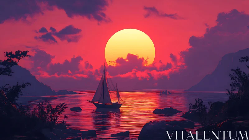 Vivid digital seascape with sailboat against large sunset.