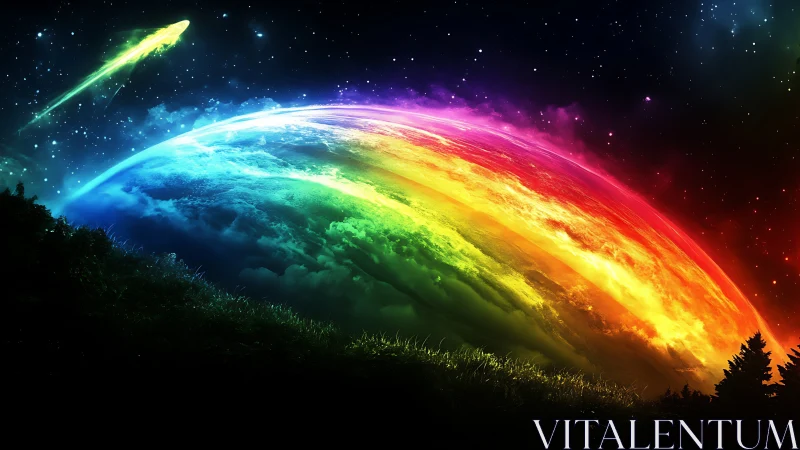 Curved rainbow planet arcs across star field night sky